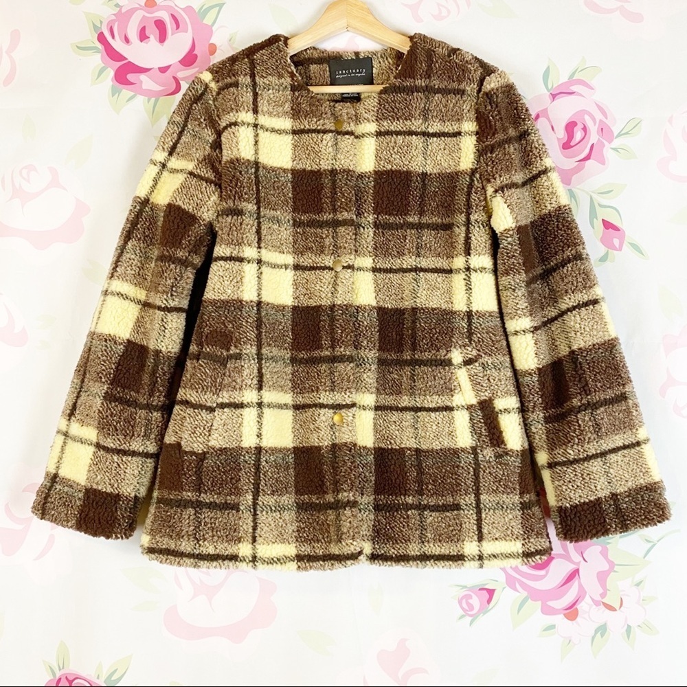 NEW Sanctuary Brown Plaid Snap Sherpa Teddy Coat M